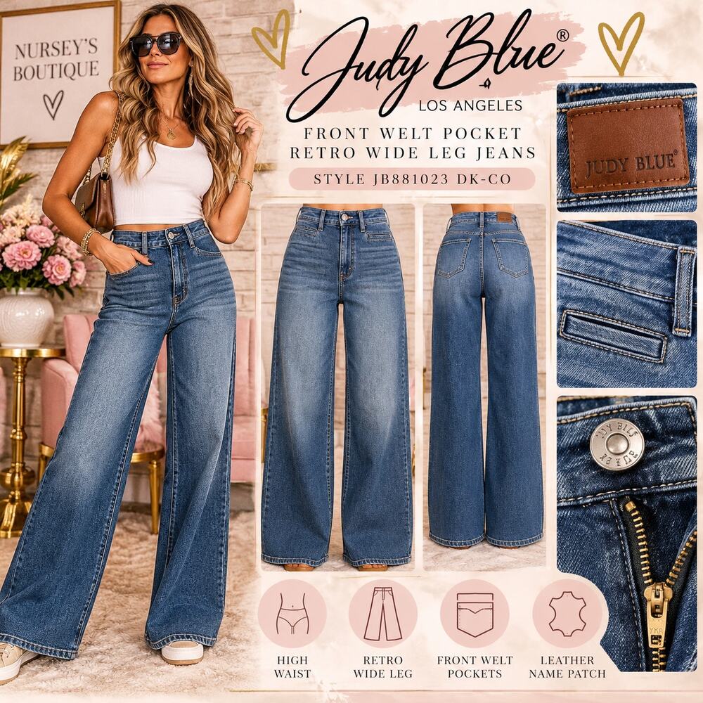 Judy Blue JB881023 Retro Wide Leg Jeans 11/30 Front Welt Pocket Leather Patch